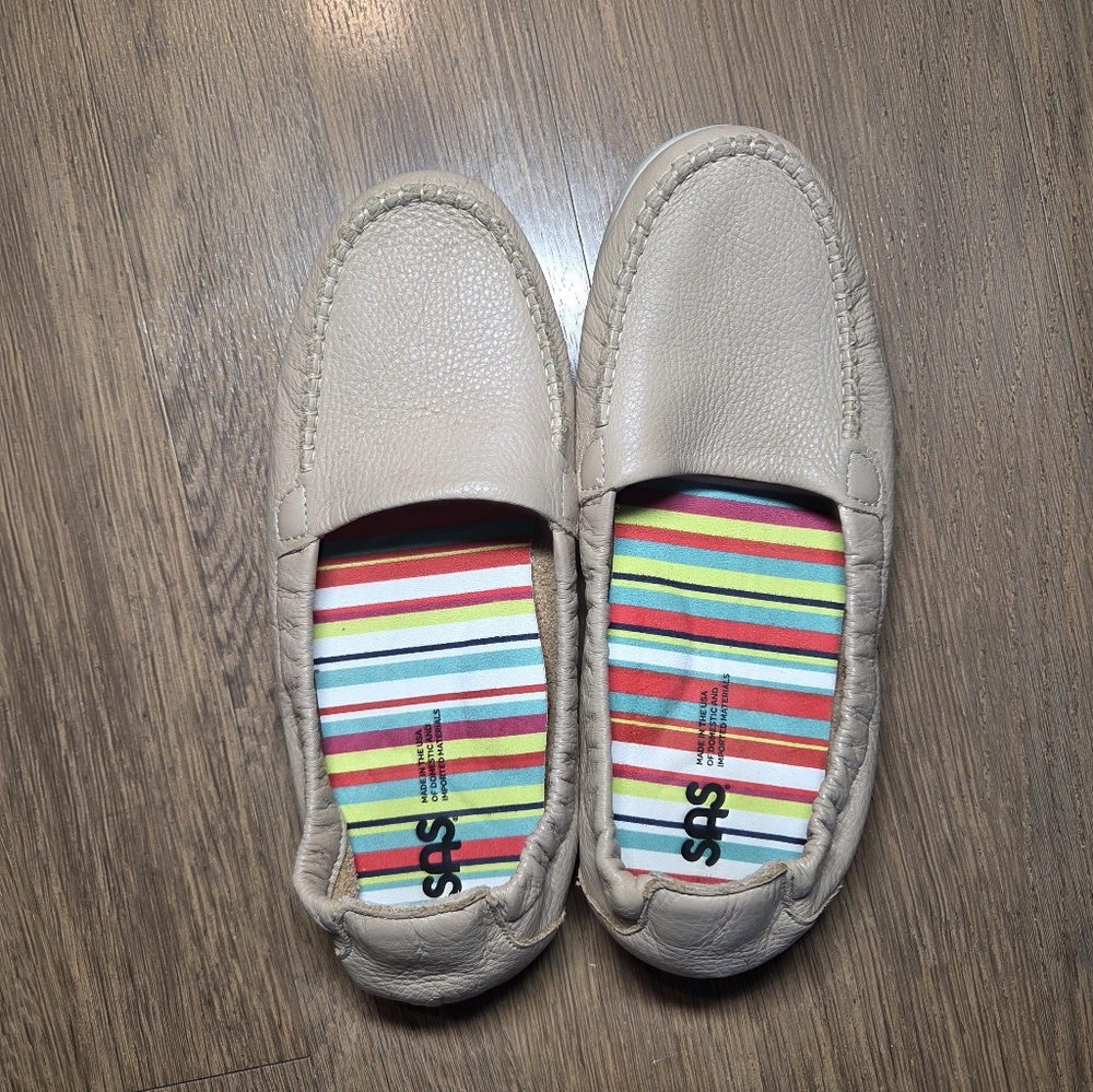 SAS Beige Leather Slip-On Loafers with Colorful Striped Insole